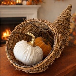 Wicker Cornucopia Basket | Rustic Fall Thanksgiving Decor | Horn of Plenty